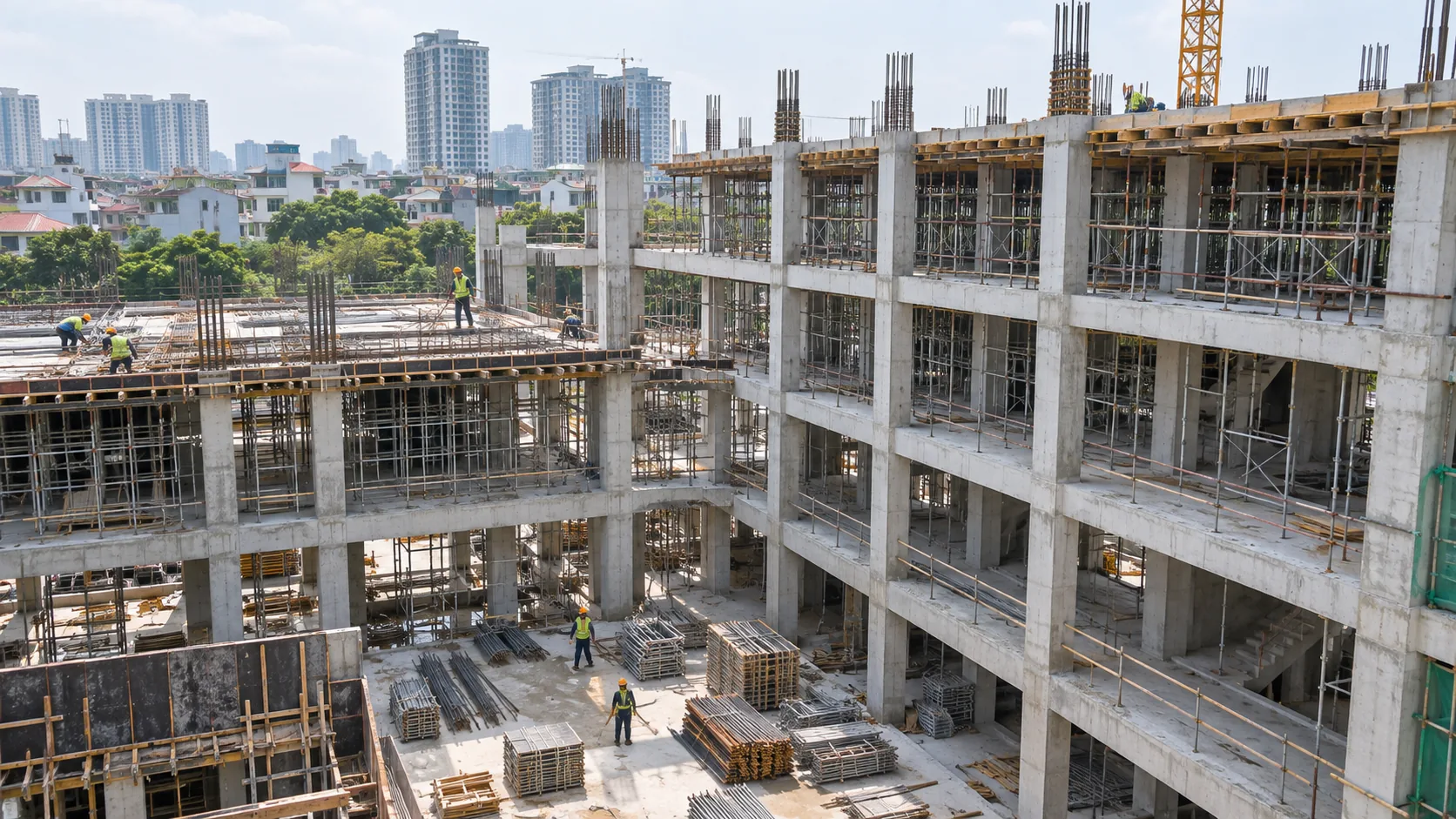 Minh họa AI: Khối nhà trường học đang thi công kết cấu