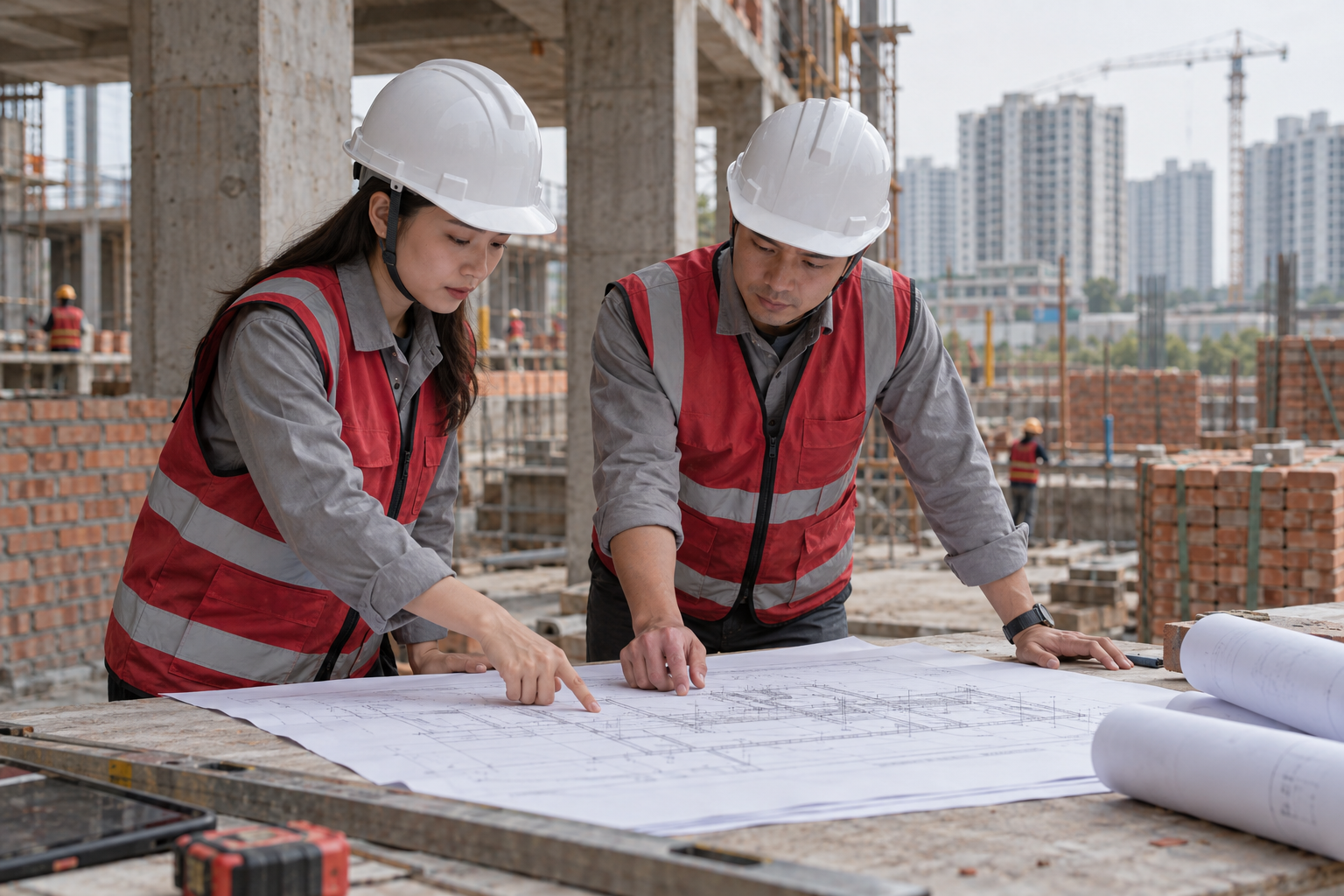 Minh họa AI: Hai kỹ sư xem bản vẽ tại công trường