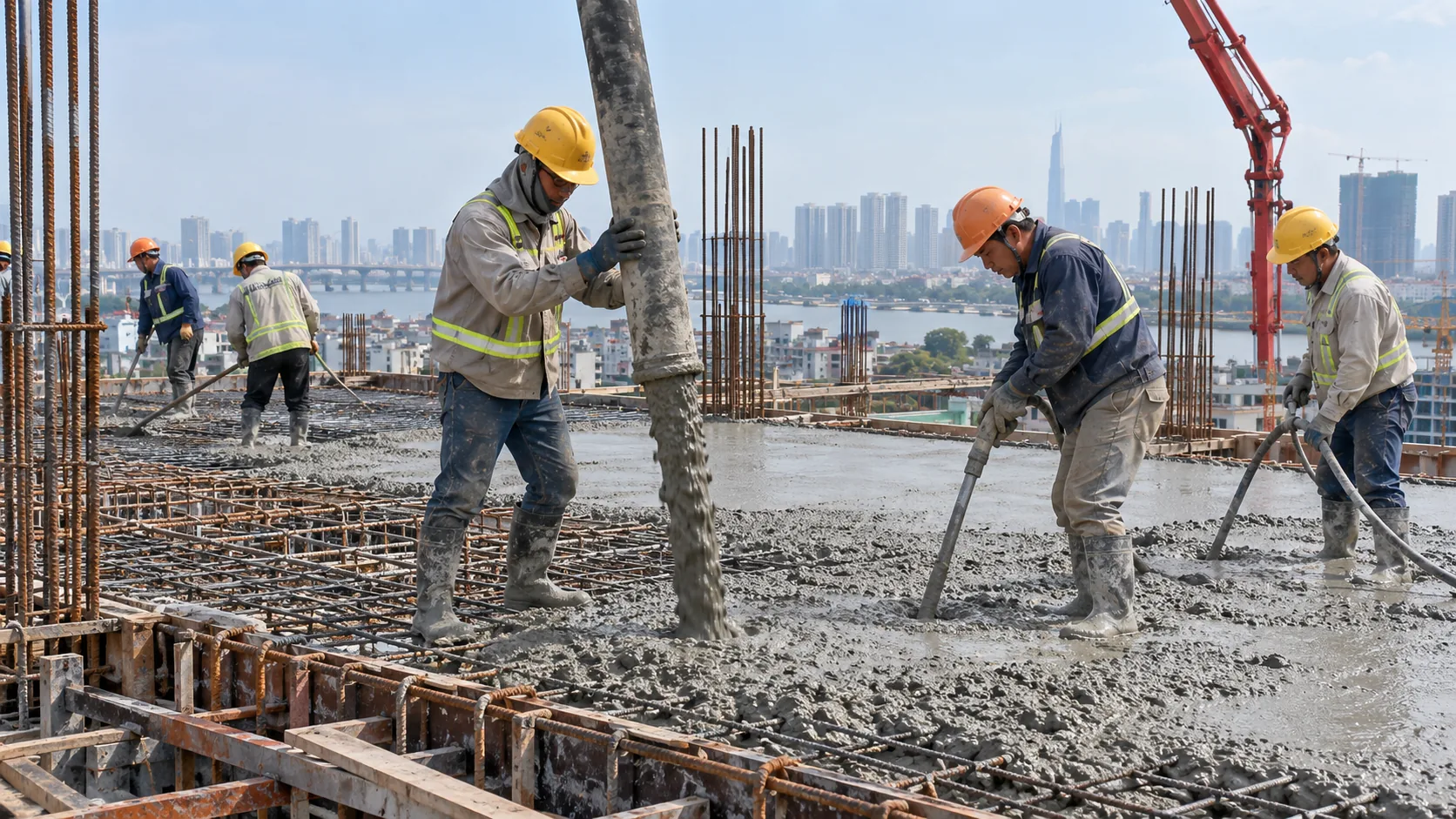Minh họa AI: Công nhân đổ và đầm bê tông sàn