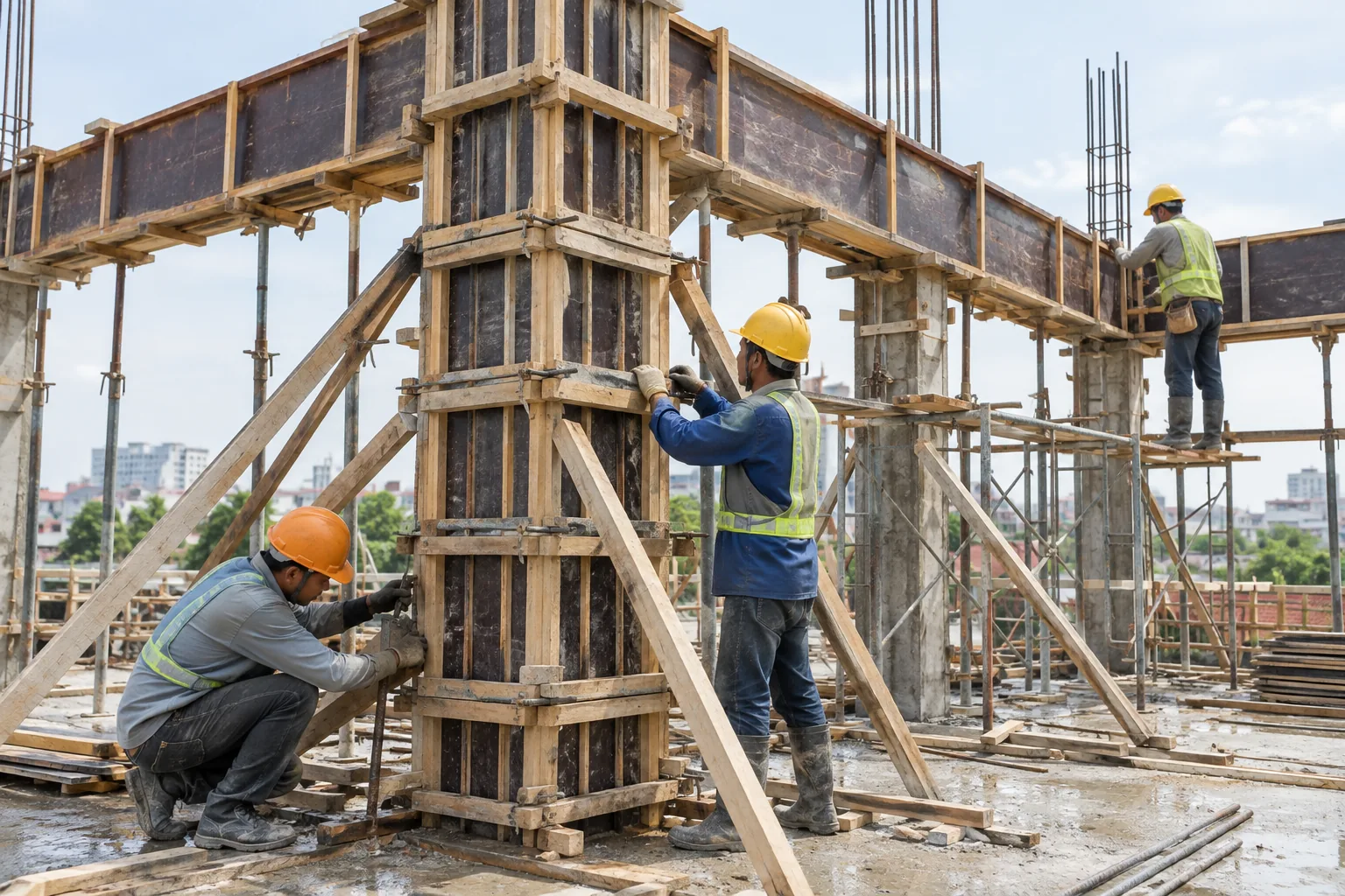 Minh họa AI: Thợ lắp coppha cột và dầm bê tông
